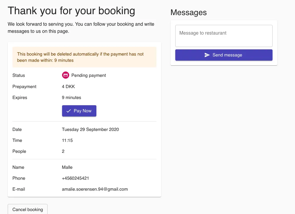 Resos booking form prepayment request