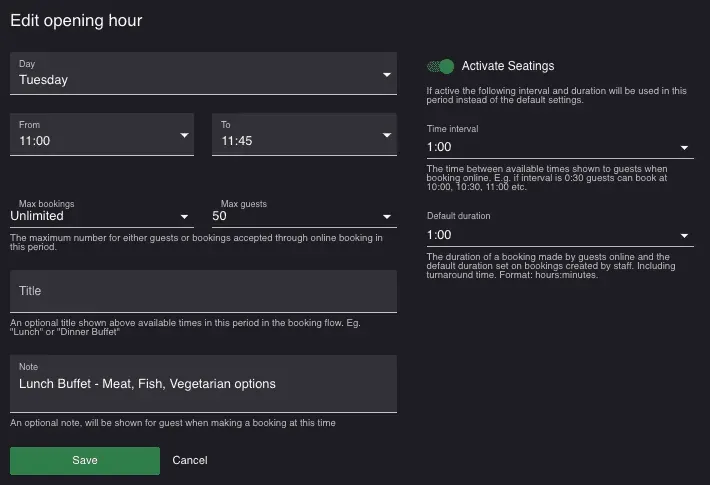 Resos booking system dashboard for dining hall restaurants