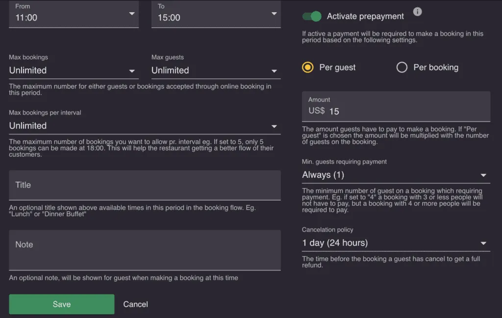 Resos deposit feature
