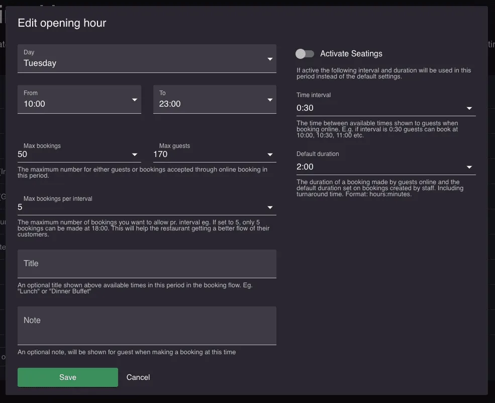 Resos maximum restaurant bookings per interval settings screen