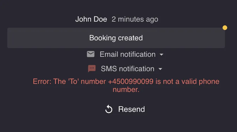Resos notifications app showing resent booking confirmation emails and SMS messages