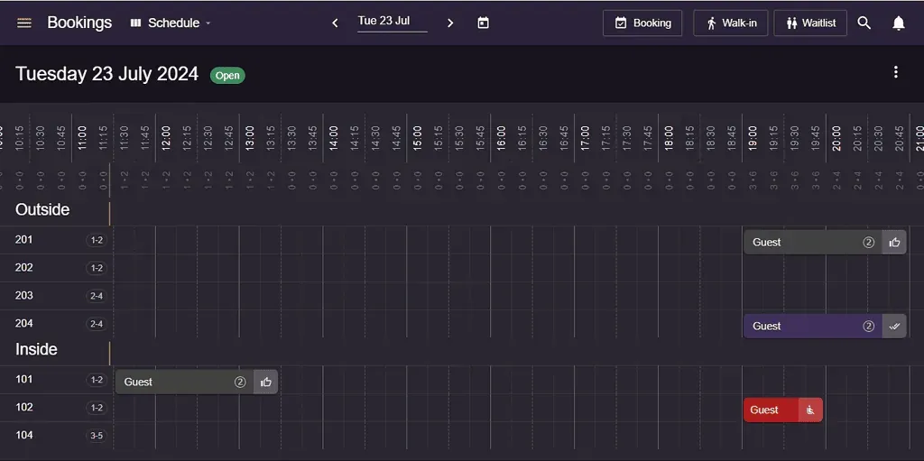 Bookings schedule view showing color coded statuses across the timeline