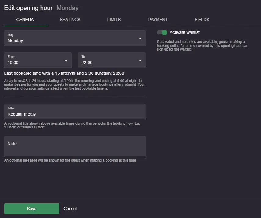 set up default opening hours Resos