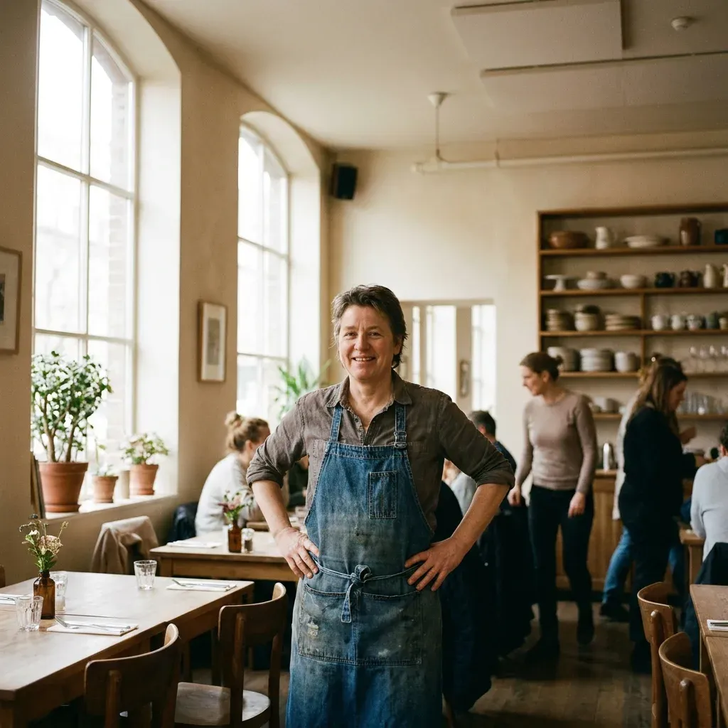 Smiling restaurant owner standing in their busy venue