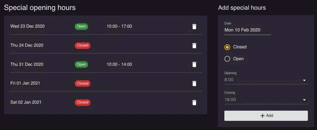 special opening hours Resos