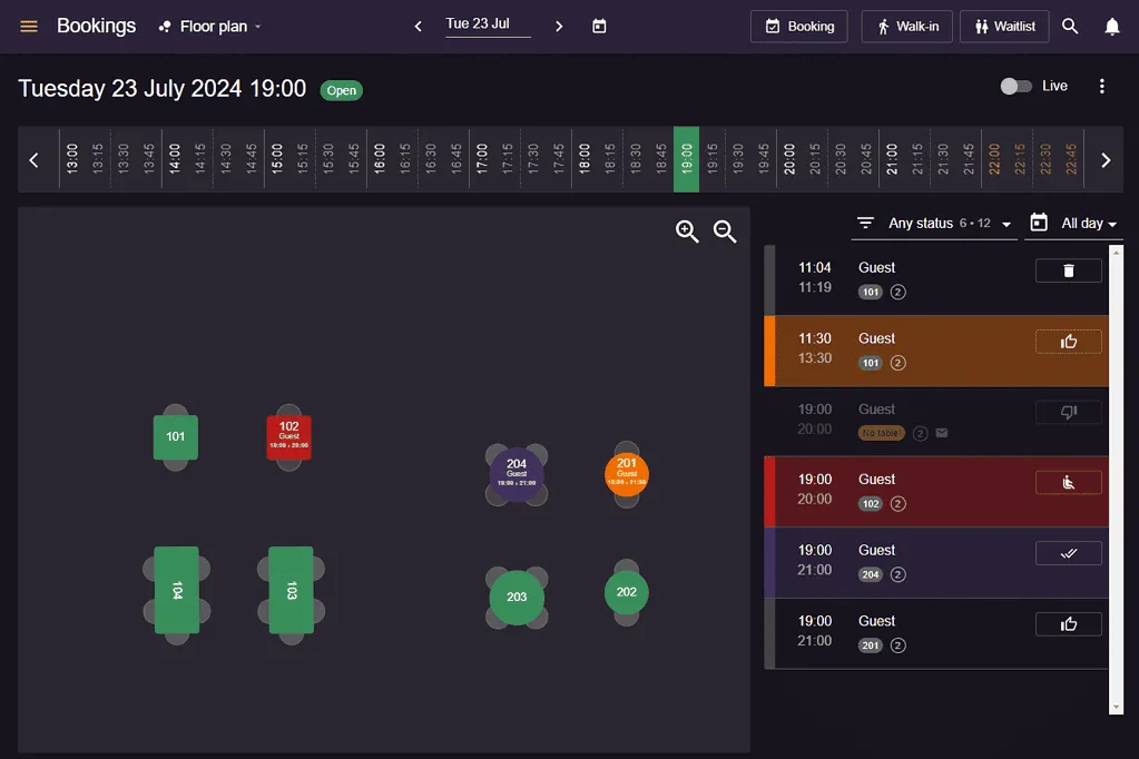 Resos visual floor plan view with color coded tables for service