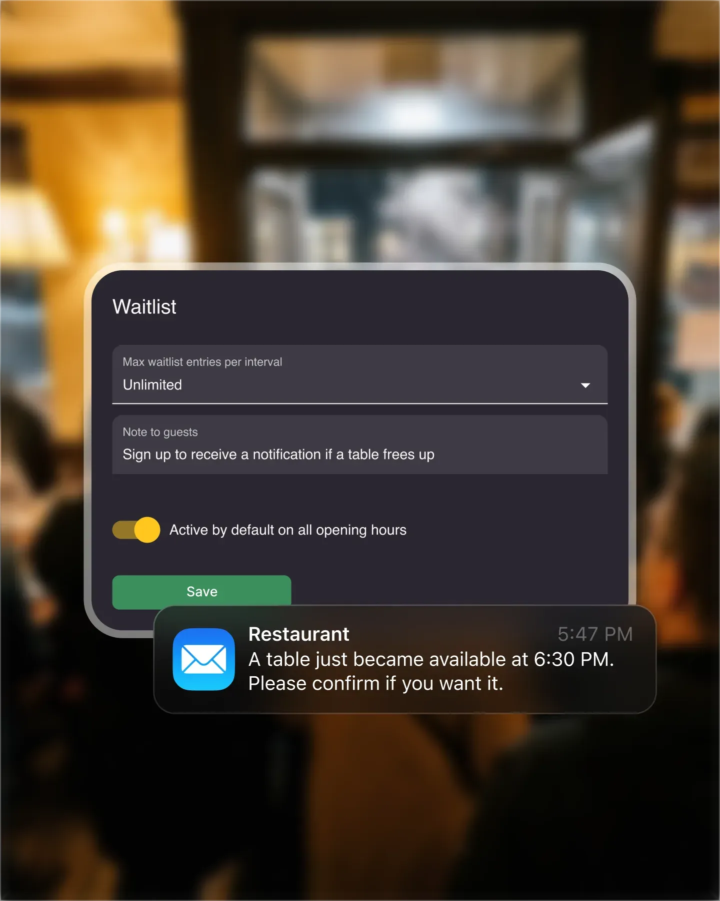 Resos waitlist showing guests queued for available tables