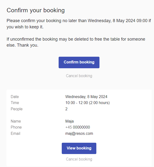 Resos booking re-confirmation prompt
