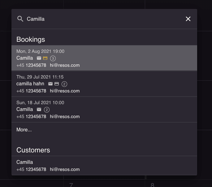 Bookings overview and guest profile Overview of bookings and guest profiles shown by the in-app search function