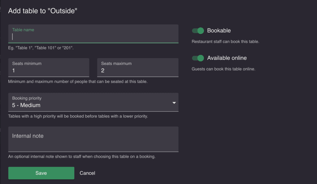 Create new tables and combine them Manage tables and combine your available ones