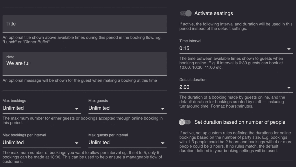 Resos seatings settings