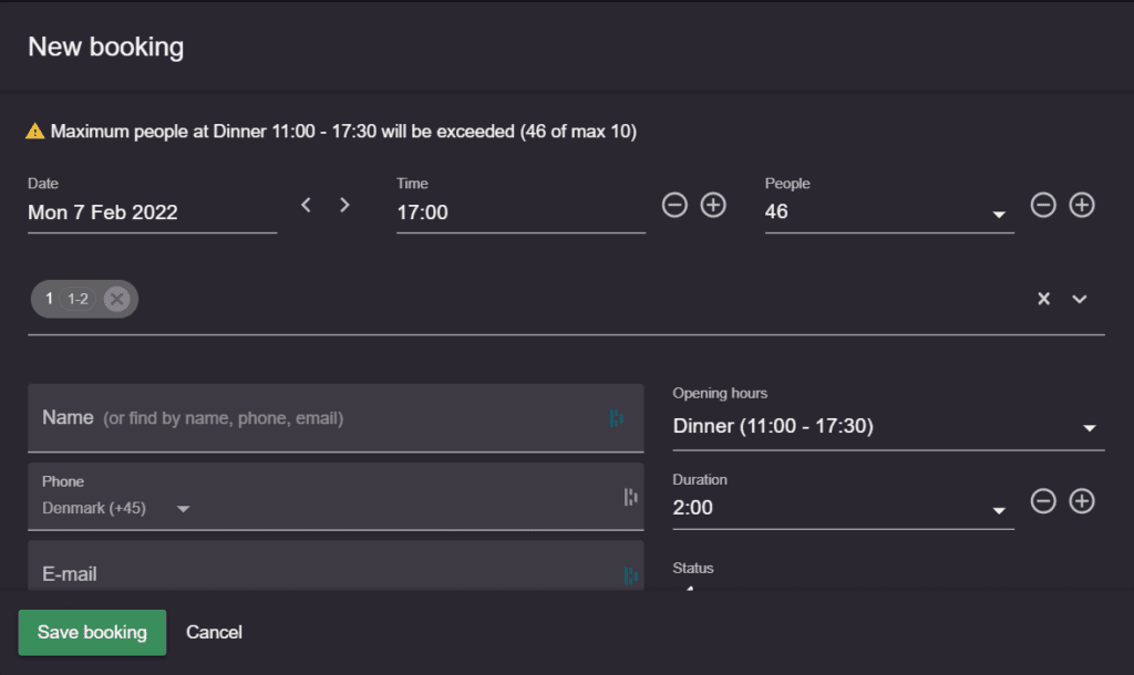 Booking warnings in the Resos app