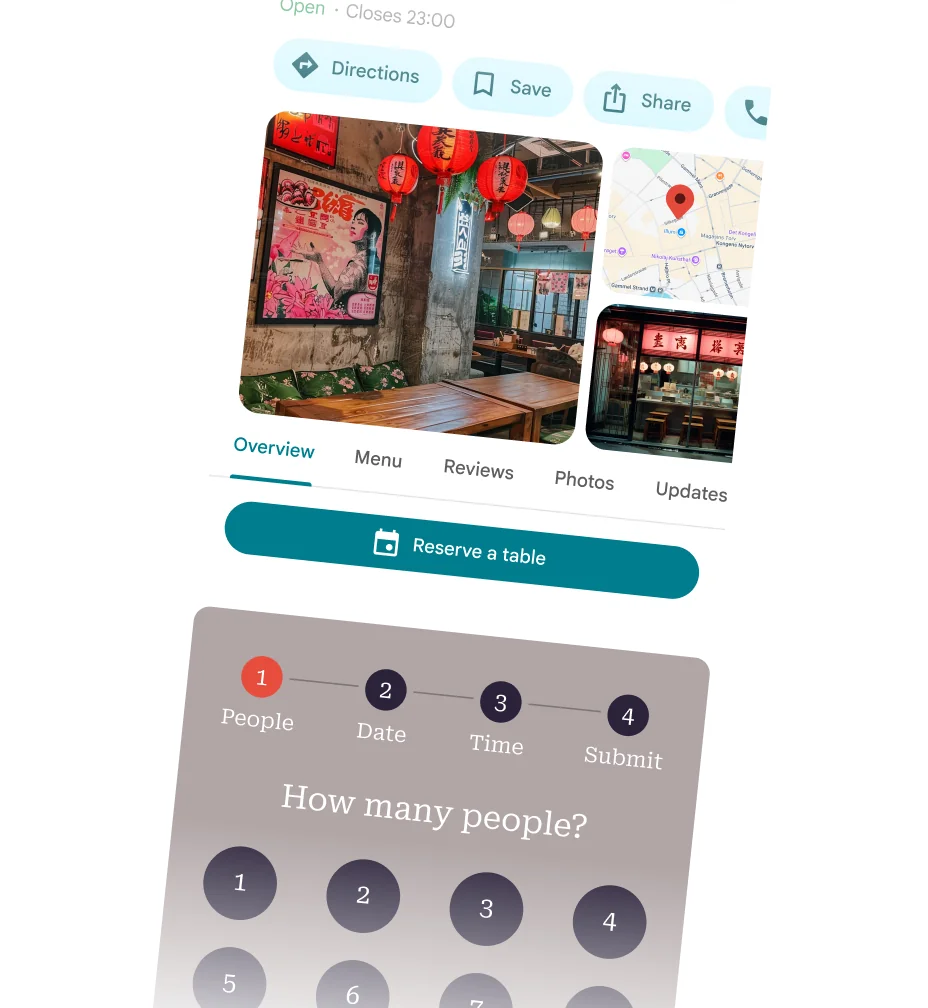 Restaurant booking widget showing Google Maps integration and table reservation flow